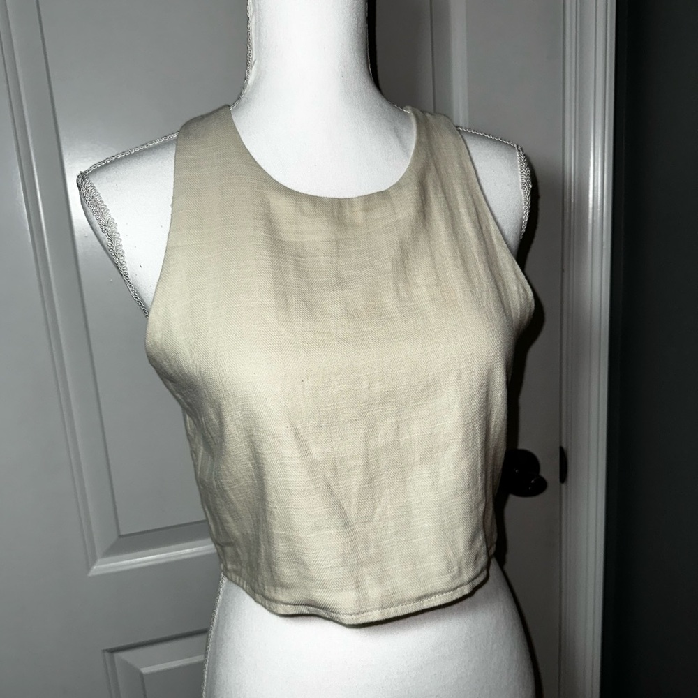 Miou Muse Beige Linen Cotton Crop Top Sleeveless Minimalist M - Picture 2 of 13